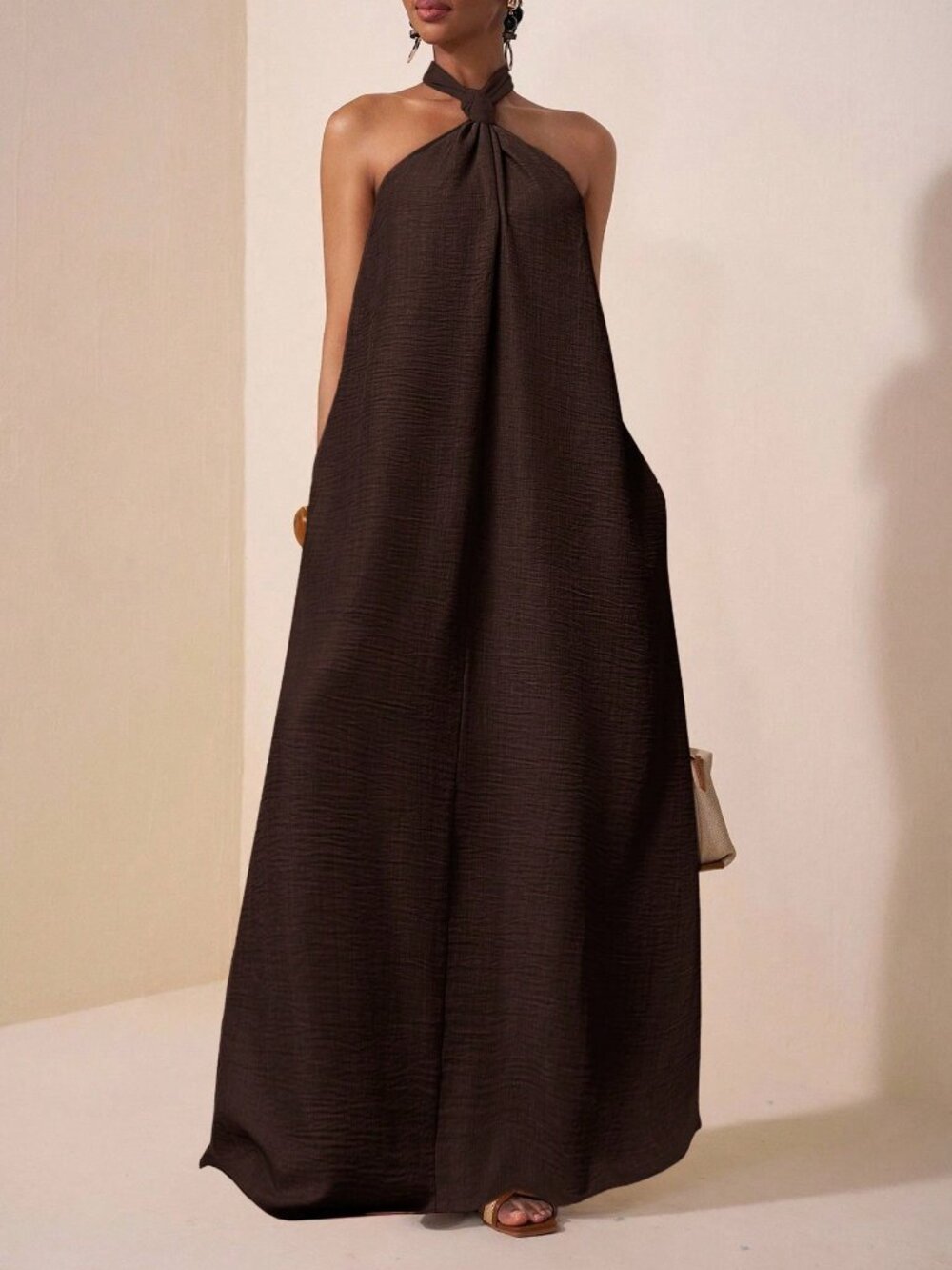 Brown Casual Women's Halter Neck Twist Open Back A-Line Maxi Dress - Picture 1 of 6